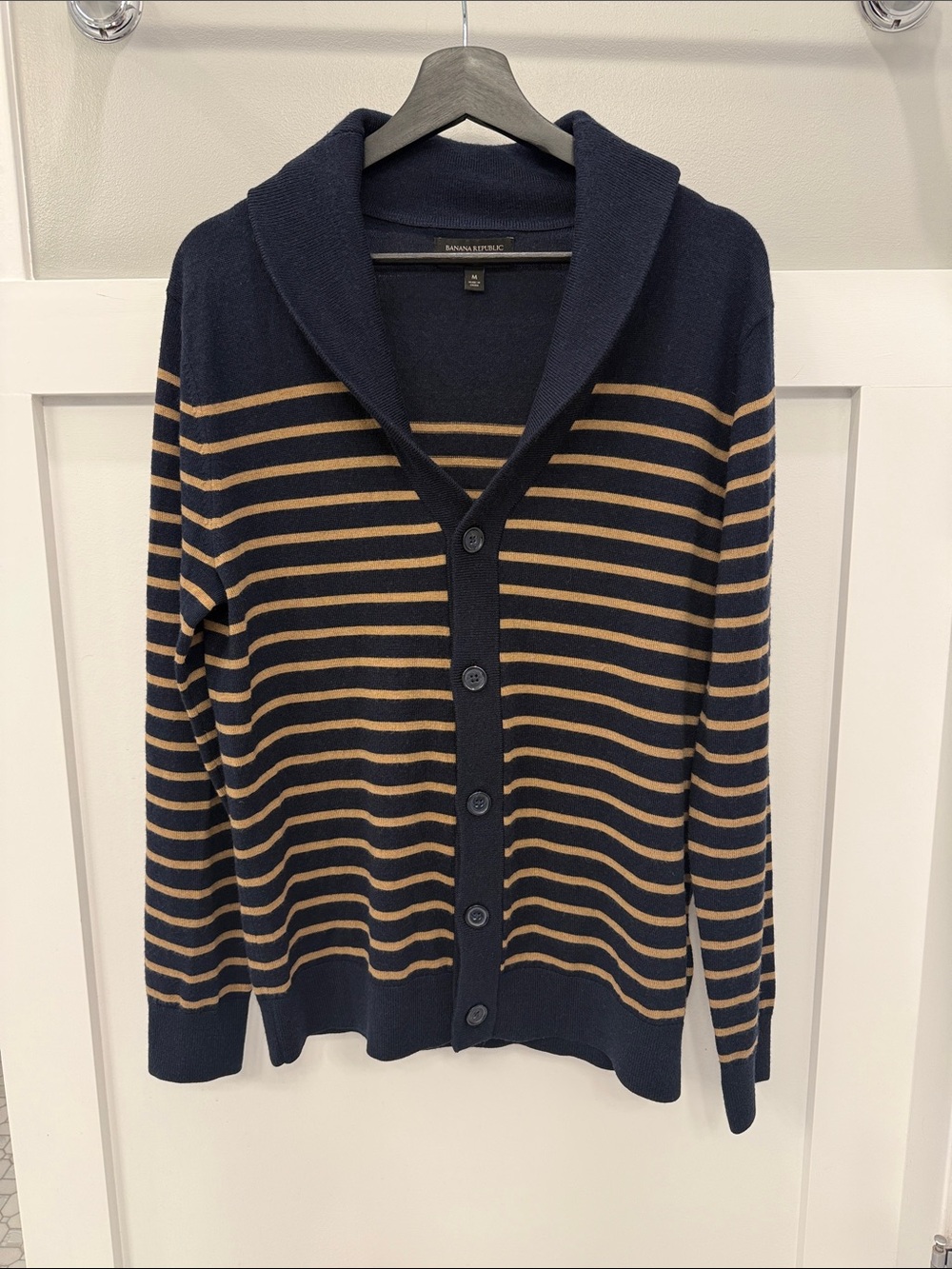 Banana Republic Navy & Tan Striped Shawl-Collar Cardigan